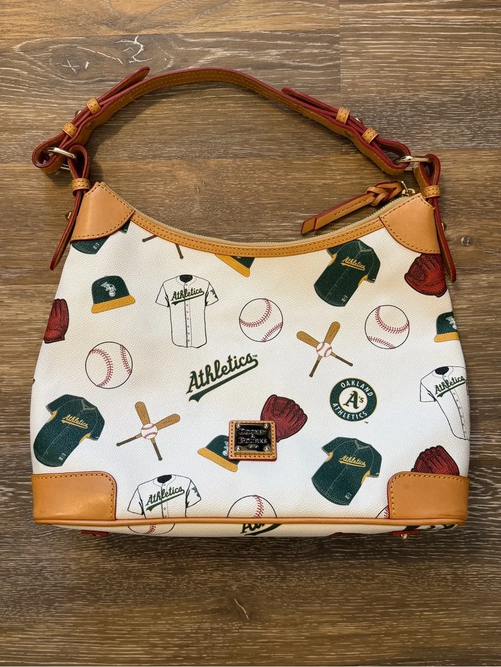 Dooney & Bourke White Oakland Athletics Print Hobo Bag Tan & Burgundy Trim Purse